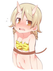 Rule 34 | bad id, bad pixiv id, bandeau, bare arms, bare shoulders, blush, bound, brown eyes, fangs, flying sweatdrops, hair between eyes, horns, idolmaster, idolmaster cinderella girls, light brown hair, long hair, looking at viewer, morikubo nono, navel, nose blush, oni horns, open mouth, ringlets, rope, simple background, solo, sweat, uccow, upper body, white background, yellow bandeau