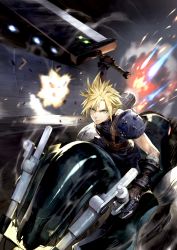 Rule 34 | 1boy, action, armor, blonde hair, blue eyes, buster sword, cloud strife, commentary request, explosion, final fantasy, final fantasy vii, final fantasy vii remake, fire, gloves, highres, holding, holding weapon, jun (navigavi), male focus, materia, motor vehicle, motorcycle, on motorcycle, riding, short hair, shoulder armor, sleeveless, solo, speed lines, spiked hair, sweater, turtleneck, weapon