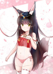 Rule 34 | 1girl, animal ear fluff, animal ears, azur lane, black hair, blunt bangs, camisole, cherry blossoms, choker, clenched hand, fox ears, fox girl, fox tail, long hair, m ko (maxft2), nagato (azur lane), nagato (great fox&#039;s respite) (azur lane), navel, panties, paw pose, petals, red camisole, red panties, see-through, side-tie panties, skindentation, solo, strap slip, tail, thighhighs, thighs, underwear, very long hair, white thighhighs, yellow eyes