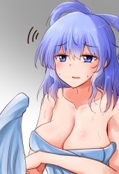 Rule 34 | 1girl, bare arms, bare shoulders, blue eyes, blue hair, blue towel, breasts, cleavage, collarbone, commentary request, gradient background, hair between eyes, hair rings, highres, kaku seiga, large breasts, multicolored background, naked towel, open mouth, oshiaki, solo, touhou, towel, two-tone background, upper body, wet, wet hair