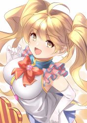 Rule 34 | 1girl, ahoge, blonde hair, blue skirt, blush, bow, breasts, brooch, brown eyes, elbow gloves, frills, gloves, granblue fantasy, highres, jewelry, large breasts, long hair, looking at viewer, miya star saa, monika weisswind, open mouth, red bow, shirt, skirt, sleeveless, sleeveless shirt, solo, twintails, wavy hair, white gloves