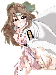 Rule 34 | 10s, 1girl, blush, borrowed clothes, breasts, brown eyes, brown hair, cleavage, collarbone, hachimaki, hand on own chest, headband, highres, holding hands, japanese clothes, jintsuu (kancolle), kantai collection, kimono, long hair, looking at viewer, military, military uniform, open mouth, pov, pov hands, remodel (kantai collection), simple background, solo focus, torn clothes, tsukineko, uniform, white background, yukata