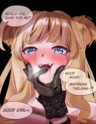 Rule 34 | 2girls, absurdres, black gloves, blonde hair, blue eyes, blush, commentary, english commentary, english text, gloves, highres, honkai (series), honkai impact 3rd, multiple girls, nyeppu, open mouth, portrait, solo focus, songque (honkai impact), speech bubble, thelema (honkai impact), two side up, yuri