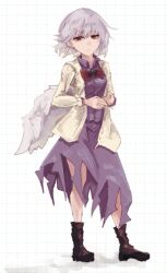 Rule 34 | 1girl, angel wings, boots, bow, bowtie, breasts, brooch, contrapposto, dress, eyebrows hidden by hair, full body, grey hair, half-closed eyes, jacket, jewelry, kishin sagume, looking at viewer, purple dress, red bow, red bowtie, red eyes, short hair, single wing, small breasts, solo, standing, totopepe888, touhou, wings