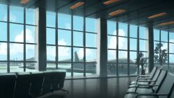 Rule 34 | aircraft, airplane, airport, bench, blue sky, ceiling, ceiling light, chair, cloud, cloudy sky, highres, indoors, meron 2770, no humans, original, painting (medium), plant, potted plant, reflection, runway, scenery, sky, tower, traditional media