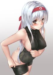 Rule 34 | 10s, 1girl, areola slip, ass, bike shorts, blush, breasts, brown eyes, butt crack, cosplay, covered erect nipples, gradient background, headgear, highres, ipuu (el-ane koubou), kantai collection, large breasts, long hair, looking at viewer, ribbon, shoukaku (kancolle), sideboob, silver hair, simple background, skin tight, solo, taihou (kancolle) (cosplay)