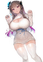 Rule 34 | 1girl, absurdres, blue nails, blue ribbon, breasts, brown hair, cleavage, cleavage cutout, clothing cutout, destiny child, dress, eve (destiny child), flower, hair flower, hair ornament, hands up, highres, large breasts, long hair, long sleeves, looking at viewer, nail polish, parted lips, red eyes, rehut, rei no himo, ribbed sweater, ribbon, short dress, simple background, skindentation, solo, sweater, sweater dress, thighhighs, white background, white sweater, white thighhighs, zettai ryouiki