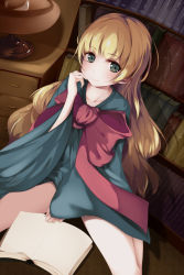 Rule 34 | 1girl, alternate costume, bad id, bad pixiv id, blonde hair, blush, book, bookshelf, bow, chest of drawers, closed mouth, collarbone, gosick, green eyes, highres, lamp, long hair, looking at viewer, on floor, open book, red ribbon, ribbon, silhouette, sitting, sleeves past wrists, solo, very long hair, victorica de blois, wide sleeves, youko (930921)