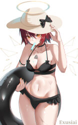 Rule 34 | 1girl, absurdres, arknights, arm strap, bai shiro@, bare shoulders, bikini, black bikini, black bow, black choker, bow, breasts, character name, choker, cleavage, cowboy shot, detached wings, dog tags, energy wings, exusiai (arknights), food, halo, hat, hat bow, highres, holding, innertube, looking at viewer, medium breasts, mouth hold, orange eyes, popsicle, red hair, short hair, solo, sun hat, swim ring, swimsuit, white hat, wings