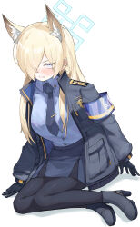 Rule 34 | 1girl, absurdres, animal ear fluff, animal ears, black footwear, black jacket, black necktie, black pantyhose, blonde hair, blue archive, blue eyes, blue shirt, clenched teeth, collared shirt, commentary, full body, highres, jacket, kanna (blue archive), lechiennoir, long hair, long sleeves, necktie, pantyhose, sharp teeth, shirt, shoes, simple background, solo, teeth, white background