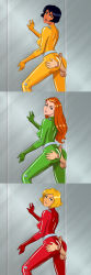 Rule 34 | 3boys, 3girls, alex (totally spies), artist request, ass, ass grab, black hair, blonde hair, blue eyes, bodysuit, breasts, brown eyes, buttjob, buttjob over clothes, clover (totally spies), covered erect nipples, dark-skinned female, dark skin, disembodied hand, disembodied penis, green eyes, highres, latex, latex suit, looking at viewer, looking back, medium breasts, medium hair, multiple boys, multiple girls, orange hair, penis, sam (totally spies), shiny clothes, short hair, skin tight, take your pick, totally spies