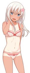 Rule 34 | 10s, 1girl, :d, arm at side, blonde hair, blue eyes, blush, bow, bow bra, bow panties, bra, breasts, collarbone, flat chest, hair ornament, hand in own hair, head tilt, kantai collection, lingerie, long hair, looking at viewer, nagami yuu, navel, one-piece tan, open mouth, panties, red bow, ro-500 (kancolle), small breasts, smile, solo, stomach, striped bra, striped clothes, striped panties, tan, tanline, underwear, vertical-striped bra, vertical-striped clothes, vertical-striped panties