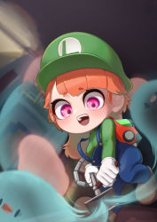 Rule 34 | 1girl, :d, absurdres, appleblossomtea, blue overalls, breasts, brown footwear, cosplay, ghost, gloves, green headwear, hat, highres, hitodama, holding, hololive, hololive english, long hair, luigi, luigi&#039;s mansion, luigi&#039;s mansion 3, luigi (cosplay), mario (series), nintendo, open mouth, orange hair, overalls, pink eyes, poltergust g-00, shoes, smile, strap slip, suspenders, takanashi kiara, teeth, upper teeth only, vacuum cleaner, virtual youtuber, white gloves