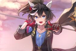 Rule 34 | 1girl, animal ears, black coat, black gloves, black hair, black vest, blue eyes, blue shirt, breasts, cleavage, cloud, coat, collarbone, crossed bangs, ear covers, flag, floating hair, fugetsu (windmoon tw), gloves, hair between eyes, hair ornament, hand up, highres, holding, holding flag, horse ears, horse girl, horse tail, katsuragi ace (umamusume), long sleeves, multicolored hair, open mouth, outdoors, outstretched arm, pointing, pointing at viewer, ponytail, shirt, short hair, small breasts, smile, solo, streaked hair, tail, umamusume, upper body, v-shaped eyebrows, vest, wind