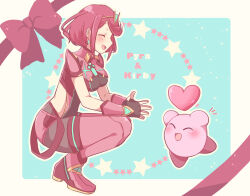 Rule 34 | 1boy, 1girl, amanoru mozuku, blush, breasts, character name, closed eyes, colored skin, core crystal (xenoblade), drop earrings, earrings, fingerless gloves, giving, gloves, heart, highres, jewelry, jumping, kirby, kirby (series), medium breasts, nintendo, pantyhose, pantyhose under shorts, pink skin, pyra (xenoblade), red hair, red shorts, short hair, shorts, smile, squatting, star (symbol), super smash bros., swept bangs, thighhighs, thighhighs over pantyhose, tiara, xenoblade chronicles (series), xenoblade chronicles 2
