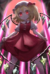 Rule 34 | 1girl, blonde hair, bright pupils, clothes lift, commentary request, expressionless, feet out of frame, flandre scarlet, from below, full moon, hair between eyes, hat, hat ribbon, head tilt, highres, kayon (touzoku), legs apart, lifted by self, light beam, looking at viewer, mob cap, moon, no neckwear, one side up, parted lips, pointy ears, puffy short sleeves, puffy sleeves, red eyes, red moon, red skirt, red vest, ribbon, shirt, short hair, short sleeves, skirt, skirt lift, slit pupils, solo, standing, touhou, vest, white hat, white pupils, white shirt, wings