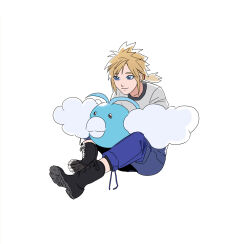 Rule 34 | 1boy, aged down, black footwear, blonde hair, blue eyes, blue pants, boots, cloud strife, creatures (company), crossover, final fantasy, final fantasy vii, game freak, gen 3 pokemon, highres, holding, holding pokemon, light smile, male focus, newb ff7r, nintendo, on lap, pants, pokemon, pokemon (creature), pokemon on lap, ponytail, shirt, short hair, short ponytail, simple background, sitting, smile, spiked hair, swablu, t-shirt, white background, white shirt