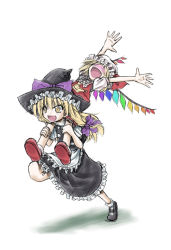 Rule 34 | &gt;:d, 2girls, :d, \o/, aozora market, apron, arms up, blonde hair, bow, carrying, fangs, female focus, flandre scarlet, hair bow, happy, hat, hat bow, kirisame marisa, mary janes, multiple girls, open mouth, outstretched arms, piggyback, running, shoes, shoulder carry, smile, touhou, v-shaped eyebrows, waist apron, wings, witch, witch hat, yellow eyes