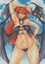 Rule 34 | 1girl, arm up, bare shoulders, bikini, breasts, cleavage, curvy, day, unworn eyewear, female focus, glasses, hand on own hip, head wings, hip focus, holding, holding removed eyewear, koakuma, large breasts, large wings, long hair, marker (medium), navel, open mouth, pointy ears, red eyes, red hair, side-tie bikini bottom, skindentation, sky, smile, solo, swimsuit, thick thighs, thighs, touhou, traditional media, uneven eyes, very long hair, wide hips, wings, yutakasan-love