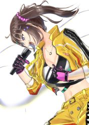 Rule 34 | 1girl, absurdres, blue scrunchie, breasts, brown hair, bustier, from side, gloves, hair ornament, hair scrunchie, hayase sou, highres, jacket, jewelry, kamisu, large breasts, long hair, long sleeves, microphone, music, navel, necklace, nijisanji, open clothes, open jacket, open mouth, pants, purple eyes, scrunchie, side ponytail, singing, smile, solo, star (symbol), star hair ornament, virtual youtuber, yellow jacket, yellow pants