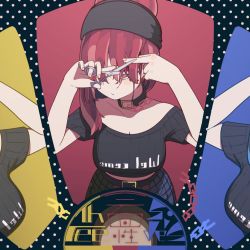 Rule 34 | 3girls, ai ken, bare shoulders, belt, black background, black belt, black choker, black shirt, blue skirt, blush, breasts, chain, choker, cleavage, clothes writing, collarbone, commentary, cutting hair, english commentary, green skirt, hands up, hecatia lapislazuli, hecatia lapislazuli (earth), hecatia lapislazuli (moon), highres, holding, holding scissors, long hair, midriff peek, mirrored text, multicolored clothes, multicolored skirt, multiple girls, multiple persona, off-shoulder shirt, off shoulder, polka dot, polka dot background, red eyes, red hair, red skirt, scissors, shirt, short sleeves, skirt, t-shirt, touhou, upper body