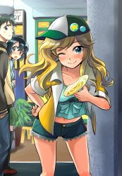 Rule 34 | 10s, 1boy, 2girls, ;), bad id, bad pixiv id, baseball cap, blonde hair, blue eyes, blue shorts, blush, bracelet, breasts, brown eyes, candy, closed mouth, cutoffs, denim, denim shorts, earrings, food, food bite, green hair, hand on own hip, hat, idolmaster, idolmaster cinderella girls, jacket, jewelry, leaning forward, lollipop, long hair, looking at viewer, medium breasts, midriff, multiple girls, navel, niina ryou, ohtsuki yui, one eye closed, open mouth, plant, potted plant, short hair, shorts, smile, standing, star (symbol), star earrings, stomach, thighhighs, track jacket, wink
