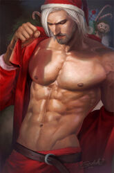 Rule 34 | 1boy, abs, absurdres, aenaluck, artist name, bara, bare pectorals, beard, belt, box, brown belt, candy, candy cane, character doll, chest hair, doll, facial hair, food, gift, gift box, grey hair, highres, holding, holding sack, large pectorals, male focus, master (aenaluck), muscular, muscular male, navel, nipples, open clothes, open shirt, original, pants, pectorals, red pants, red shirt, sack, santa costume, shirt, short hair, solo, stuffed toy