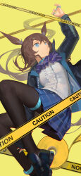 Rule 34 | 1girl, :o, absurdres, amiya (arknights), animal ear fluff, animal ears, arknights, arm up, ascot, black jacket, black pantyhose, blue eyes, blue skirt, brown hair, caution, caution tape, center frills, clay (clayjun), commentary, frills, hair between eyes, highres, jacket, long hair, long sleeves, lying, on back, open clothes, open jacket, pantyhose, parted lips, pleated skirt, purple ascot, rabbit ears, shirt, simple background, skirt, solo, very long hair, white shirt, yellow background