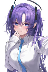 Rule 34 | 1girl, blue archive, blue necktie, blush, breasts, closed mouth, collared shirt, hair between eyes, halo, highres, large breasts, long hair, long sleeves, looking at viewer, mechanical halo, melt (melt out1), necktie, purple eyes, purple hair, shirt, simple background, solo, two side up, upper body, white background, white shirt, yuuka (blue archive)