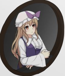 Rule 34 | 1girl, bow, brown eyes, brown hair, dress, hat, hat bow, highres, long hair, long sleeves, looking away, looking up, matching hair/eyes, mob cap, ozu (agito100001), parted lips, purple bow, sidelocks, solo, touhou, upper body, watatsuki no toyohime, wide sleeves