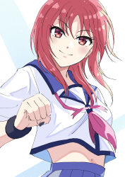 Rule 34 | &gt;:), 1girl, absurdres, angel beats!, black nails, black wrist cuffs, clenched hand, closed mouth, commentary, eyelashes, hand up, highres, iwasawa masami, light blush, long sleeves, looking at viewer, medium hair, nail polish, navel, neckerchief, pink neckerchief, red eyes, red hair, shinda sekai sensen uniform, shirt, simple background, smile, solo, split mouth, tazu, upper body, v-shaped eyebrows, white background, white shirt, wrist cuffs