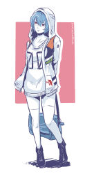 Rule 34 | 1girl, adapted costume, ankle boots, arms behind back, ayanami rei, bag, bag charm, blue hair, blush, boots, breasts, casual, charm (object), colored skin, dress, emblem, expressionless, full body, head tilt, highres, hood, hoodie, long sleeves, looking to the side, neon genesis evangelion, nerv, open clothes, open hoodie, plugsuit, pocket, red eyes, shadow, short hair, simple background, small breasts, solo, standing, sweater, sweater dress, thighhighs, unzipped, watermark, web address, white skin, white thighhighs, zipper