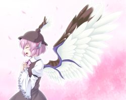 Rule 34 | 1girl, animal ears, closed eyes, female focus, hands on own chest, hat, isaki (gomi), large wings, long sleeves, mystia lorelei, open mouth, pink background, pink hair, profile, short hair, solo, touhou, wide sleeves, winged hat, wings