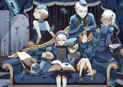 Rule 34 | 10s, 1boy, 5girls, armband, black gloves, blonde hair, blue dress, blue hairband, blue headwear, book, book on lap, braid, breasts, brother and sister, bug, butterfly, butterfly hair ornament, card, caroline (persona 5), closed eyes, closed mouth, couch, double bun, dress, elizabeth (persona), eyepatch, facing viewer, full body, gloves, grin, hair bun, hair ornament, hairband, hat, head on another&#039;s shoulder, headband, highres, holding, holding book, insect, justine (persona 5), lavenza (persona 5), leaning forward, long hair, looking at viewer, looking back, looking down, looking to the side, lying, margaret (persona), medium hair, multiple girls, necktie, on couch, open book, parted lips, persona, persona 3, persona 3 portable, persona 4, persona 4: the ultimate in mayonaka arena, persona 5, platinum blonde hair, roxan, shoes, short hair, siblings, single hair bun, sisters, sitting, skirt, sleeveless, sleeveless dress, smile, socks, spoilers, standing, teeth, theodore (persona), thighhighs, twins, velvet room, white gloves, white hair, yellow eyes