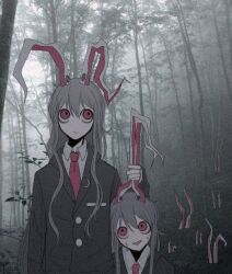 Rule 34 | 2girls, animal ears, black jacket, buttons, clone, crescent, crescent moon, dark, expressionless, flat chest, forest, formal, grabbing another&#039;s ear, grabbing another's ear, hand on another&#039;s ear, holding, holding by the ears, holding ears, jacket, leaf, long hair, long sleeves, looking at another, looking to the side, moon, moon (ornament), multiple girls, n0een, nature, necktie, nervous, nervous smile, open mouth, pale skin, purple hair, rabbit ears, rabbit girl, red eyes, red necktie, reisen udongein inaba, shirt, sleeves past wrists, smile, source request, suit, touhou, tree, very long hair, white fur, white shirt