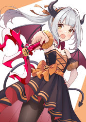 Rule 34 | 1girl, alternate costume, alternate legwear, angry, bare shoulders, black dress, black pantyhose, breasts, demon costume, demon girl, demon tail, demon wings, detached sleeves, diadem, dress, duplicate, fake horns, fang, grey hair, halloween costume, highres, holding trident, horns, kantai collection, kasumi (kancolle), long hair, looking at another, nueco, open mouth, orange background, orange dress, orange ribbon, pantyhose, pixel-perfect duplicate, puffy short sleeves, puffy sleeves, ribbon, sash, short sleeves, side ponytail, small breasts, solo, spaghetti strap, tail, two-tone background, two-tone dress, white background, wings, yellow eyes