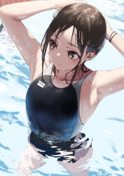 Rule 34 | 1girl, armpits, arms behind head, black one-piece swimsuit, breasts, brown eyes, brown hair, closed mouth, collarbone, commentary request, competition swimsuit, jonsun, looking to the side, medium breasts, one-piece swimsuit, original, partially submerged, shiori (jonsun), short hair, solo, swimsuit, twitter username, water, wet, wet hair