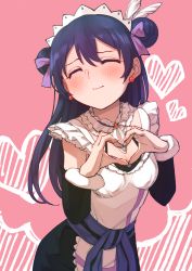 Rule 34 | 1girl, apron, blue hair, blush, bow, breasts, cleavage, closed mouth, cowboy shot, detached sleeves, double bun, earrings, feathers, goe (g-o-e), hair between eyes, hair bow, hair bun, heart, heart hands, highres, jewelry, long hair, love live!, love live! school idol project, maid, maid apron, maid headdress, mogyutto &quot;love&quot; de sekkin chuu!, solo, sonoda umi