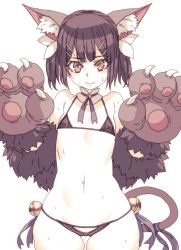 Rule 34 | 1girl, 3:, animal ear fluff, animal ears, animal hands, bad id, bad twitter id, bell, bikini, black bikini, black hair, brown eyes, commentary request, cowboy shot, detached collar, fate/kaleid liner prisma illya, fate (series), flat chest, gloves, hair ornament, hairclip, highres, jingle bell, looking at viewer, micro bikini, miyu edelfelt, navel, paw gloves, ribbon, short hair, short twintails, simple background, solo, string bikini, sweat, swimsuit, tail, tail ornament, tail ribbon, tasaka shinnosuke, twintails, white background