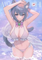 Rule 34 | 1girl, absurdres, animal ears, arms up, bikini, breasts, cat ears, cat girl, cat tail, cleavage, cover, cover page, frilled bikini, frills, grey hair, highres, hitowa, large breasts, looking at viewer, navel, original, purple eyes, ribbon, smile, solo, swimsuit, tail, thick thighs, thigh gap, thighs