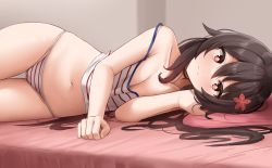Rule 34 | 1girl, absurdres, brown hair, camisole, flower, flower-shaped pupils, genshin impact, hair flower, hair ornament, highres, hu tao (genshin impact), long hair, lying, navel, on side, panties, red eyes, shengtian, solo, stomach, strap slip, striped clothes, striped panties, symbol-shaped pupils, underwear, underwear only