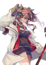Rule 34 | 1girl, angelina (arknights), arknights, arm up, black shirt, black shorts, breasts, brown hair, closed mouth, coat, collar, cowboy shot, hair between eyes, hairband, highres, holding, holding staff, infection monitor (arknights), jacket, juweibingbang, long hair, looking at viewer, medium breasts, open clothes, open coat, open jacket, red eyes, red hairband, red jacket, shirt, short shorts, shorts, sidelocks, simple background, solo, staff, twintails, white background, white coat
