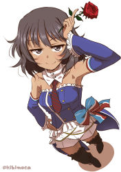 Rule 34 | 1girl, alternate costume, andou (girls und panzer), arm up, armpits, artist name, bare shoulders, boots, breasts, brown eyes, brown hair, closed mouth, collar, dark-skinned female, dark skin, detached sleeves, flower, frills, girls und panzer, hand on own hip, highres, holding, holding flower, idol clothes, jitome, kibimoka, looking at viewer, medium hair, messy hair, multicolored ribbon, necktie, red flower, red rose, ribbon, rose, shorts, simple background, small breasts, smile, solo, standing, striped necktie, striped neckwear, thigh boots, thighhighs, translation request, twitter username, waistcoat, white background