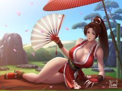 Rule 34 | 1girl, arm support, artist name, bare shoulders, blue sky, breasts, brown eyes, brown hair, cleavage, closed mouth, collarbone, commentary, commission, day, fatal fury, fingernails, floral print, full body, hand fan, high ponytail, highleg, highleg panties, highres, holding, japanese clothes, large breasts, lips, looking at viewer, lying, ninja, obi, oil-paper umbrella, on side, outdoors, panties, parted bangs, petals, ponytail, red panties, revealing clothes, rope, sash, shiranui mai, signature, simple background, sky, sleeveless, snk, solo, the king of fighters, thighs, tomo eokaiteru, tree, umbrella, underwear