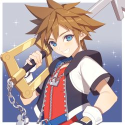 Rule 34 | 1boy, blue eyes, brown hair, disney, fingerless gloves, gloves, jewelry, keyblade, kingdom hearts, kingdom hearts i, looking at viewer, male focus, miri (cherryjelly), necklace, nintendo, short hair, simple background, smile, solo, sora (kingdom hearts), spiked hair, square enix, super smash bros.