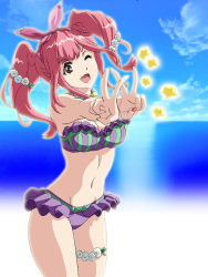 Rule 34 | 10s, 1girl, bikini, bow, breasts, brown eyes, day, flower, frilled bikini, frills, hair bow, hair flower, hair ornament, hal-py, jewelry, large breasts, long hair, looking at viewer, macross, macross delta, makina nakajima, nail polish, navel, necklace, ocean, one eye closed, open mouth, pink hair, sky, smile, solo, standing, star (symbol), swimsuit, walkure (macross delta)
