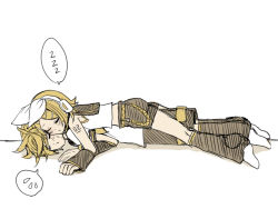 Rule 34 | 1boy, 1girl, = =, arm tattoo, bare shoulders, belt, black legwear, blonde hair, blouse, blush, brother and sister, crop top, detached sleeves, closed eyes, flat color, full body, hair ornament, hairclip, headphones, headset, kagamine len, kagamine rin, leaning on person, leg warmers, lying, on stomach, sailor collar, scribble, setora, shirt, short hair, shorts, siblings, sketch, sleeping, sleeping on person, sleeveless, sleeveless shirt, spoken sweatdrop, spoken zzz, sweatdrop, tattoo, twins, vocaloid, white shirt, zzz