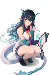 Rule 34 | 1girl, absurdres, arknights, bare shoulders, black footwear, black hair, blue hair, breasts, closed mouth, collarbone, colored skin, dragon horns, dress, dusk (arknights), earrings, green skin, highres, holding, holding brush, horns, jewelry, long hair, looking at viewer, multicolored hair, necktie, paint.net (medium), painting (object), panana, pointy ears, red eyes, revision, shoes, simple background, smile, solo, squatting, tail, white background, white dress