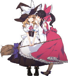 Rule 34 | 2girls, black hair, blonde hair, blush, boots, bow, braid, broom, corset, cross-laced footwear, detached sleeves, female focus, hair bow, hakurei reimu, hat, highres, kirisame marisa, lace-up boots, multiple girls, revision, short hair, simple background, touhou, v arms, whispering, white background, witch hat, yellow eyes, yonu (yonurime)