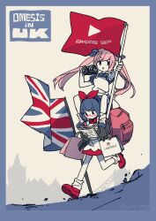 Rule 34 | 2girls, absurdres, apron, backpack, bag, binoculars, black eyes, blue border, blue dress, blue footwear, blue ribbon, border, carrying, closed mouth, collared dress, commentary request, dress, flag, full body, glasses, hair ribbon, highres, holding, holding binoculars, holding flag, holding notebook, long hair, looking at viewer, looking down, multiple girls, notebook, omega rei, omega rio, omega sisters, open mouth, outstretched arm, pink bag, pink hair, red dress, red footwear, red ribbon, ribbon, running, shopping bag, short dress, short hair, shoulder carry, siblings, sisters, skyline, smr omg, socks, tower bridge (london), twintails, twitter username, union jack, v-shaped eyebrows, virtual youtuber, white apron, white background, white socks, writing, youtube logo